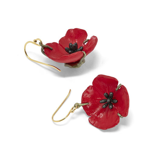 Red poppy hook earrings by Michael Michaud